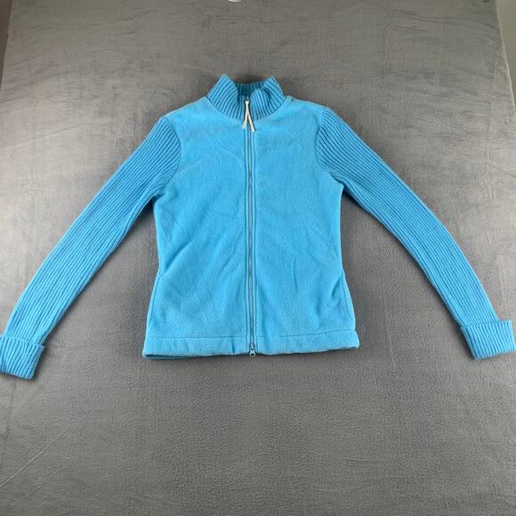 Express Tops - Y2K Express Jeans Aqua Fleece Rib Knit Zip Up Sweater Jacket Women’s M